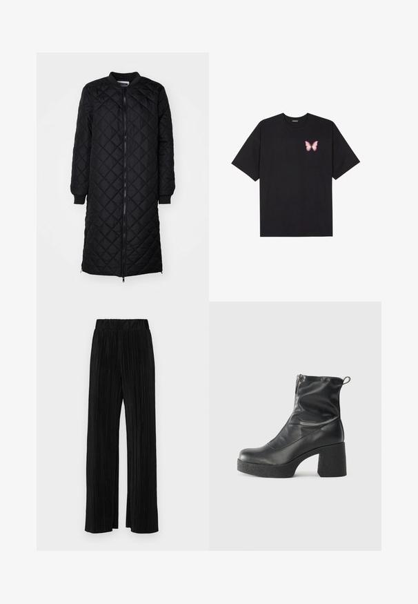 Svart kviltad lång kappa med dragkedjestängning, diamantmönster, ribbade ärmslut och rund hals. Slät textur och figurnära silhuett.; Svart bomullströja med korta ärmar, med en liten rosa fjärilsgrafik på vänster bröst. Rundad halsdesign med en avslappnad passform.; Svarta plisserade byxor med resårmidja. Har vida ben och ett mjukt, texturerat material med vertikala ränder.; Svarta ankelstövlar i slitstark läder, med sidodragkedja, kraftig strukturerad klack och rundad tådesign.