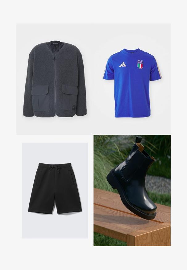 Giacca in pile grigia con zip, colletto ampio, maniche lunghe, due tasche anteriori a toppa e superficie testurizzata.; T-shirt in cotone blu con maniche corte, caratterizzata da un collo rotondo, tre strisce bianche Adidas sulle spalle e un logo Italia con accenti.; Pantaloni sportivi neri realizzati in morbido tessuto, con vita elastica e coulisse, e due tasche frontali. Tessuto liscio, lunghezza fino al ginocchio.; Stivale Chelsea in pelle nera con finitura liscia, pannelli laterali elasticizzati, punta arrotondata e suola in gomma spessa, posizionato sopra una superficie lignea.