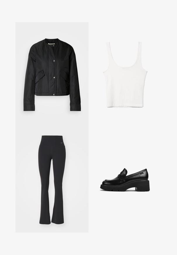 Schwarze cropped Jacke aus glattem Stoff mit rundem Halsausschnitt, Druckknöpfen und zwei Seitentaschen. Einfaches Design ohne Muster.; Weißes Baumwoll-Top mit Rundhalsausschnitt, ohne Ärmel und figurbetontem Schnitt. Glatte Textur, schlichtes Design und minimale Nähdetails.; Schwarze Yogahosen mit hohem Bund, aus dehnbarem Material. Besitzt ein ausgestelltes Design und ein kleines Nike-Logo am Bund.; Schwarze Leder-Loefer mit klobigem Absatz, dicker Sohle und einem Riemen über der Oberseite, seitlich auf einem weißen Hintergrund gezeigt.