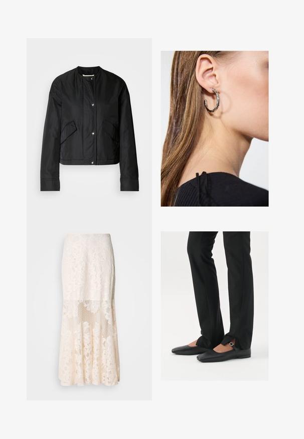 Mustat lyhyet takit, jotka on valmistettu sileästä kankaasta, pyöreä pääntie, nepparipainikkeet ja kaksi sivutaskua. Yksinkertainen muotoilu ilman kuvioita.; Musta hihaton paita, joka on valmistettu pehmeästä ja joustavasta kankaasta. Siinä on pyöreä kaula-aukko ja leveät olkaimet, muotoiltu siluetti ja sileä rakenne.; Kermakuvioinen midi-hame; siinä on kerroksellinen rakenne, läpinäkyviä osia, teksturoitua pitsiä ja levenevä helma.; Musta nahkakengät balettityylillä, kärjessä terävä muoto, hihna hopeasoljella, yhdistetty mustiin räätälöityihin housuihin, joissa on halkiohelma.; Hopea renkaankorvakoru kiiltävällä pinnalla, jossa on pieniä kultaisia yksityiskohtia ja pyöreä muoto, käytetty korvalla.