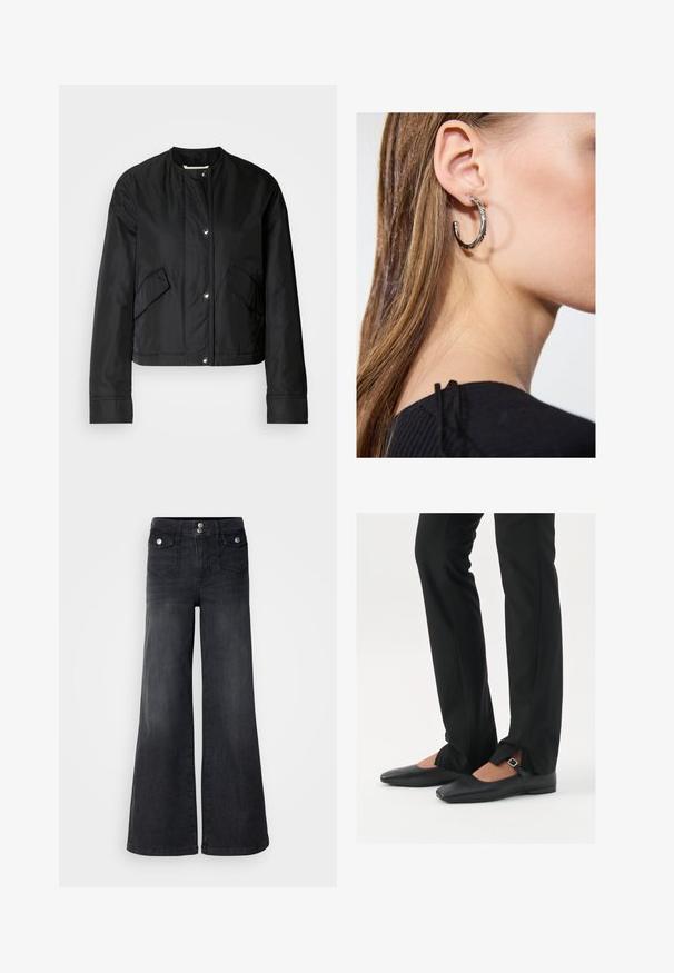 Mustat lyhyet takit, jotka on valmistettu sileästä kankaasta, pyöreä pääntie, nepparipainikkeet ja kaksi sivutaskua. Yksinkertainen muotoilu ilman kuvioita.; Musta hihaton paita, joka on valmistettu pehmeästä ja joustavasta kankaasta. Siinä on pyöreä kaula-aukko ja leveät olkaimet, muotoiltu siluetti ja sileä rakenne.; Musta farkku leveälahkeinen farkut korkealla vyötäröllä, etunapeilla ja kahdella etutaskulla; sileä rakenne kevyellä kulutuksella.; Musta nahkakengät balettityylillä, kärjessä terävä muoto, hihna hopeasoljella, yhdistetty mustiin räätälöityihin housuihin, joissa on halkiohelma.; Hopea renkaankorvakoru kiiltävällä pinnalla, jossa on pieniä kultaisia yksityiskohtia ja pyöreä muoto, käytetty korvalla.