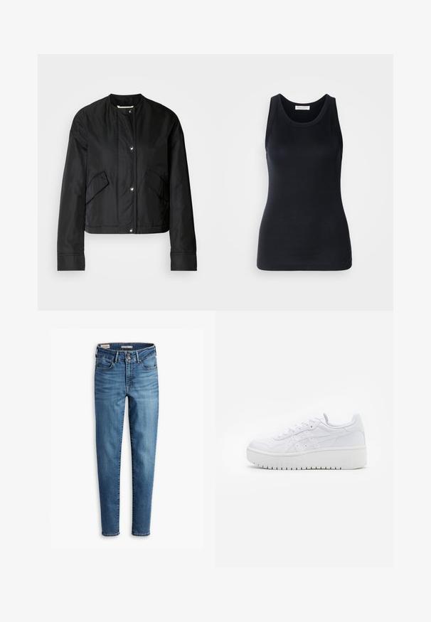 Sort cropped jakke lavet af glat stof, med rund halsudskæring, trykknapper og to sidelommer. Simpelt design uden mønster.; Sort tanktop lavet af blødt, strækbart materiale. Har en rund halsudskæring og brede stropper, med en tætsiddende silhuet og glat tekstur.; Højtaljede, skinny jeans i lyseblå denim. Har fem lommer, frontknaplukning og klassiske syninger overalt.; Hvide platform sneakers med en glat læderoverflade, perforerede detaljer og flade snørebånd; har en tyk hvid gummisål.