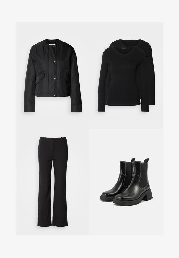 Czarna krótka kurtka wykonana z gładkiego materiału, z okrągłym dekoltem, zatrzaskami i dwiema bocznymi kieszeniami. Prosty design bez wzorów.; Dwie czarne koszule z długim rękawem o designie w kształcie litery V, wykonane z miękkiego, elastycznego materiału, o gładkiej teksturze i dopasowanym kroju.; Czarne spodnie z bawełny z prostymi nogawkami, z zapięciem na guzik z przodu i dwoma bocznymi kieszeniami. Gładka faktura, brak widocznych wzorów.; Czarne skórzane botki Chelsea na mocnej podeszwie, z elastycznymi panelami bocznymi i kontrastującym białym ściegiem. Teksturowane wykończenie.