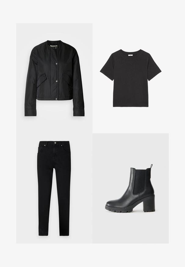 Must defektiga musta lühikeste varrukatega jakk, mis on valmistatud siledast kangast ja millel on ümar kaelus, nupud ning kaks küljetaskut. Lihtne disain ilma mustrita.; Musta T-särk, mis on valmistatud pehmest kangast, ümarate kaeluste ja lühikeste varrukatega. Disain on lihtne, ilma nähtavate mustrite või aktsentideta.; Mustad denim teksad kitsas lõikes, esi nööpide sulgemisega, vöötlukudega ja klassikalise viie tasku disainiga. Sile tekstuur.; Must must nahkasaapad elastsete külgpaneelidega, paksu kummitald ja kõrge plokkkonts. Tagaküljel on tõmbeheebel.