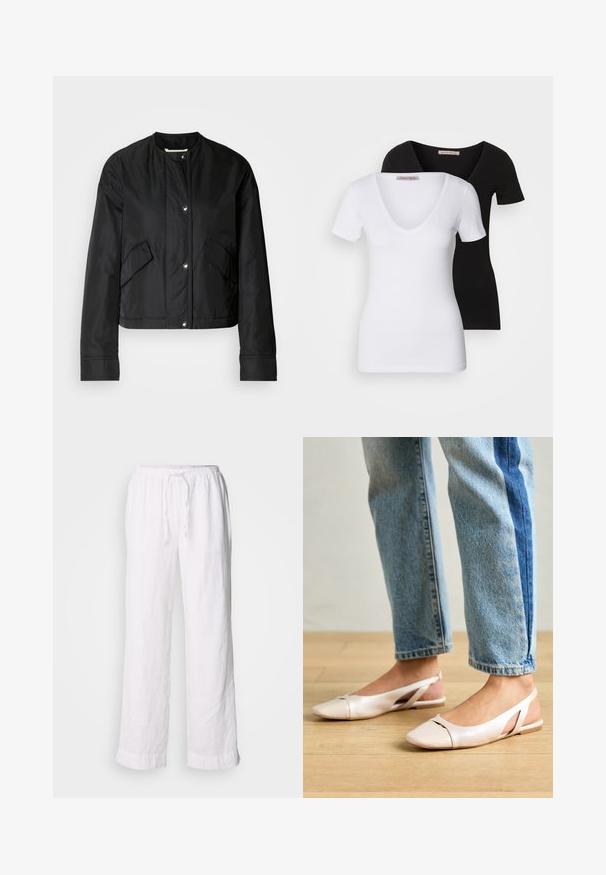 Melnā īsā jaka, izgatavota no gludas auduma, ar apaļu apkakli, pogu aizdari un divām sānu kabatām. Vienkāršs dizains bez raksta.; Divi v-veida t-krekli baltā un melnā krāsā, ar īsām piedurknēm, pieguļošs dizains, izgatavoti no mīksta kokvilnas auduma, ar redzamu zīmola etiķeti uz kakla.; Baltā lina bikses ar brīvu piegriezumu, elastīgu jostasvietu un aukliņu. Iezīmē taisnas kājas un rullētas maliņas, radot ikdienišķu izskatu.; Bālti rozā siksniņu dzīvokļi ar smailu purngalu, izgatavoti no gludas ādas līdzīgās materiāla. Iezīmē izgriezumu detaļas sānos un platu papēdi.