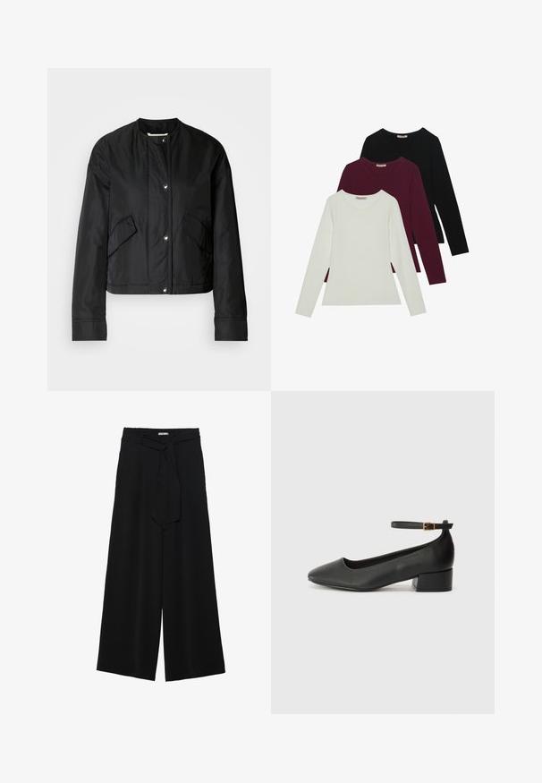 Sort cropped jakke lavet af glat stof, med rund halsudskæring, trykknapper og to sidelommer. Simpelt design uden mønster.; Langærmede T-shirts i hvid, bordeaux og sort. Lavet af blødt stof med rund halsudskæring og tætsiddende design. Velegnet til lag-på-lag.; Sorte vide bukser i en tekstureret stofkvalitet, med elastisk talje og et aftageligt bånd i taljen for justerbar pasform.; Sorte læderpumper med spids tå og en lav blokhæl. Har en ankelrem med en guldfarvet spænde. Glat tekstur.