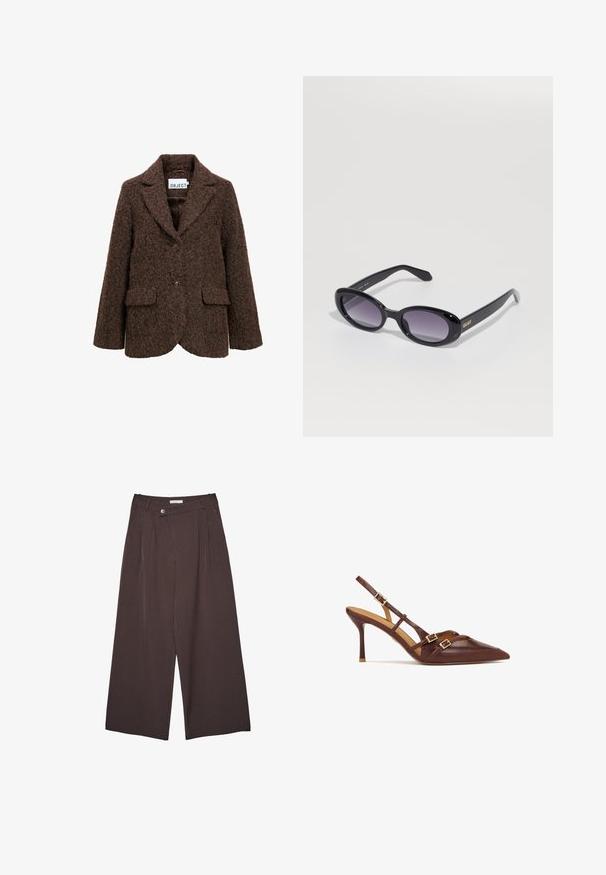 Hnědý blejzr z vlněné směsi s texturovaným povrchem, s klopovým límcem, dvěma předními kapsami a jedním knoflíkovým zapínáním. Podšitý interiér.; Bílý svetr bez ramenních švů vyrobený z žebrovaného úpletu, s dlouhými rukávy, přiléhavým lemem a strukturovaným vzorem po celém povrchu.; Hnědé kalhoty s širokým střihem a proužkem, se zapínáním na knoflíky a poutky na opasek, vystavené na bílém pozadí.; Hnědé kožené sandály na podpatku s úzkým špičatým špičkem a zlatými kovovými akcenty. Obsahují křížové popruhy přes nohu.; Černé oválné sluneční brýle s gradientovými fialovými skly. Lesklý plastový rám a nožičky. Zlaté logo na levé nožičce.; Černá kožená hobo taška s měkkým, zakřiveným tvarem. Obsahuje široké horní ucho a na základně se shromažďuje, což vytváří uvolněnou texturu.