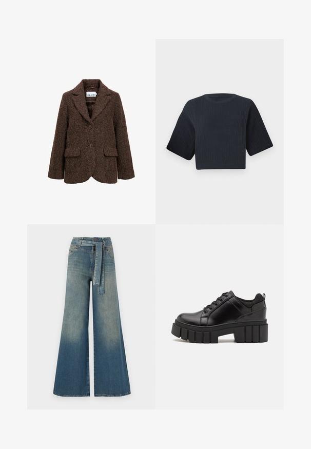 Brūns vilnas sajaukuma žakete ar teksturētu virsmu, iecirstu atkārtotu apkakli, divām priekšējām kabatām un vienu pogu aizvēršanu. Iekšpuse ar oderi.; Tumši zili izgriezts adīts džemperis ar ribotu tekstūru, īsām platām piedurknēm un apaļu kakla izgriezumu. Vienkāršs dizains, bez redzamām rakstu vai akcentiem.; Platām kājām džinsu bikses ar gaismas līdz tumši zilam gradientam, augstu jostas līniju, jostas cilpām un atbilstošu auduma jostu. Tekstūrēts džinsas apdare.; Melnas ādas platformas kurpes ar masīvu bloku papēdi, apaļu purngalu un tradicionālu saistīšanas dizainu. Izceļas ar gludu tekstūru un minimālu apdari.