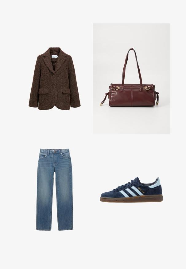 Brun uldblandet blazer med en tekstureret overflade, klipped revers, to forlommer og enkelt knaplukning. Foret inderside.; Hvid langærmet top lavet af ribbet stof, med en rund halsudskæring og en knaplukning foran med seks klare knapper.; Lysblå denimjeans med lige snit, fem lommer og hardware i kobberfarve. Stoffet har en let falmning og en glat tekstur.; Navyblå ruskinds Adidas sneakers med lyseblå striber, gummisål, lyseblå hælflap og guld "Spezial" branding på siden.; Bordeaux læder håndtaske med to skulderremme, hardware i guld tone og lynlås lukning. Har en glat overflade og subtile syninger.