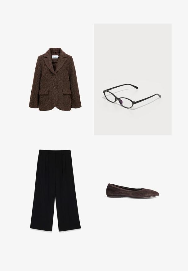 Brauner Wollmischungsblazer mit strukturierter Oberfläche, Reverskragen, zwei Vorder Taschen und Ein-Knopf-Verschluss. Mit gefüttert.; Weißes T-Shirt mit kurzen Ärmeln aus Baumwolle. Hat einen Rundhalsausschnitt und eine lockere Passform. Glatte Textur ohne sichtbare Muster oder Akzente.; Schwarze weit geschnittene Hose aus glattem Stoff, mit Falten an der Vorderseite, mittelhohem Bund und ohne sichtbare Verschlüsse oder Verzierungen.; Braune Wildleder-Ballerinas mit spitzem Absatz und niedrigem Profil. Verfügt über eine glatte Textur und ein minimalistisches Design. Keine sichtbaren Beschläge oder Akzente.; Schwarze Kunststoffbrille mit ovaler Form, ausgestattet mit klaren Gläsern und einem lila Akzent auf dem linken Glas. Elegantes, minimalistisches Design.; Schwarze Leder-Hobo-Tasche mit einer weichen, geschwungenen Form. Sie verfügt über einen breiten Oberhandgriff und Falten an der Basis für eine lässige Textur.