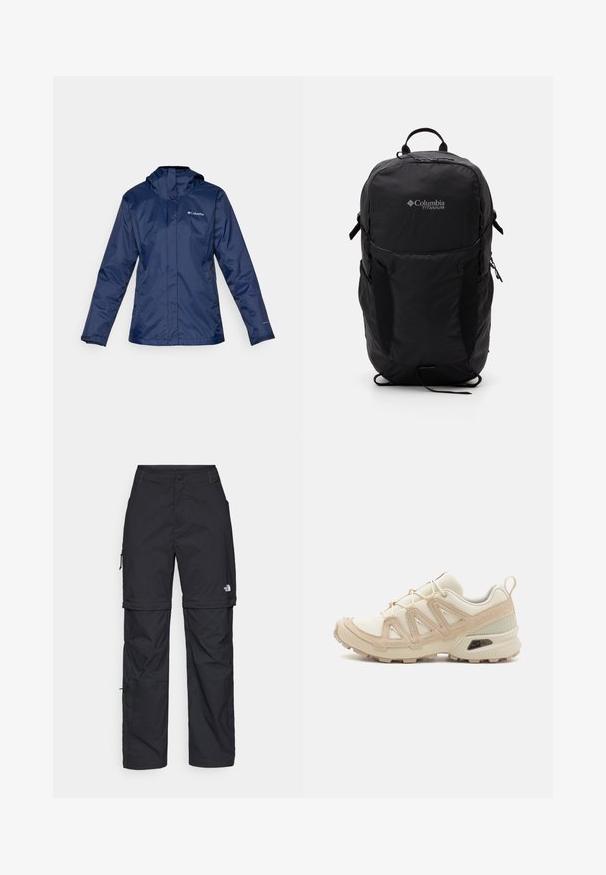 Veste imperméable marine avec capuche, dotée d'une fermeture éclair à l'avant, de manches longues et du logo Columbia sur le côté gauche. Texture lisse.; T-shirt en coton noir avec un col rond et des manches courtes. Logo blanc notable sur le côté supérieur gauche. Texture lisse, coupe décontractée.; Pantalons cargo en nylon noir, à zip amovible, avec chevilles ajustables, plusieurs poches et un logo sur la jambe droite. Texture lisse et légère.; Baskets de sport beiges et crème avec une tige en mesh texturé, des superpositions de soutien et une semelle en caoutchouc dotée d'un motif de crampons pour une traction.; Sac à dos Columbia Titanium noir avec une texture de tissu lisse, poches latérales, poignée supérieure et bretelles réglables. Design minimaliste avec un petit logo.