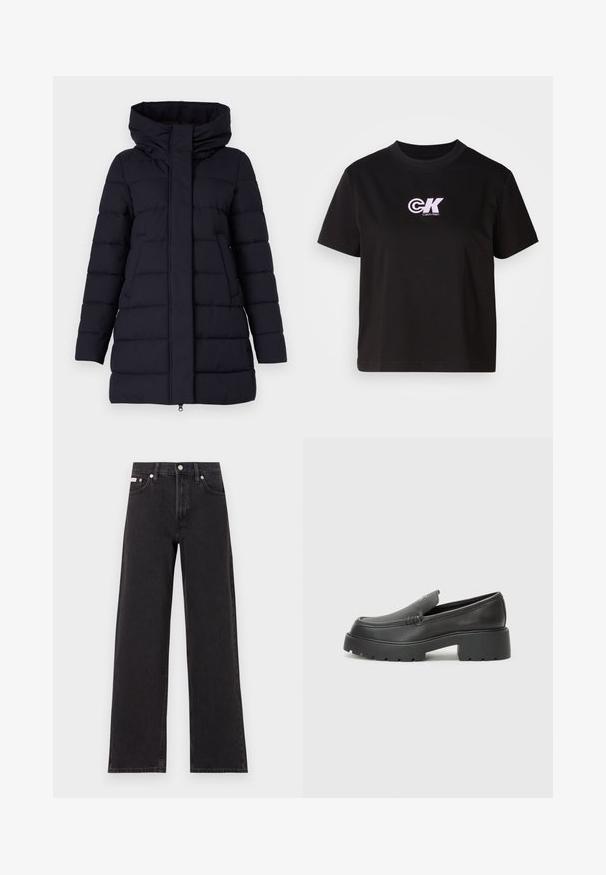 Marineblå polstret vinterjakke med høj krave, frontlynlås og sidelommer; har et quiltet design med glat stoftekstur.; Sort bomulds t-shirt med rund halsudskæring og korte ærmer. Har et hvidt og lyserødt "CK" logo på den øverste venstre brystregion.; Sorte vidde jeans lavet af denim, med høj talje, fem-lomme stil og en metalknap lukning med kontrasterende syninger.; Sorte læder loafers med rund tå, tyk tekstureret sål og minimale syninger. Elegant design uden synlige snørebånd eller hardware.