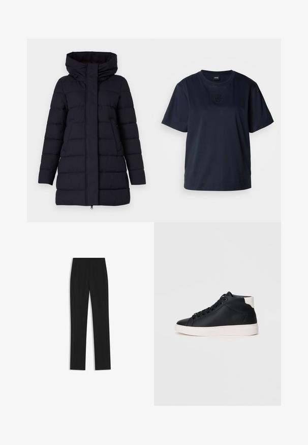 Tummansininen vuorellinen talvitakki, jossa on korkea kaulus, etuvetoketju ja sivutaskut; siinä on tikattu pinta, joka on sileä kangasrakenteeltaan.; T-paita tummansinisestä pehmeästä puuvillasta, lyhyet hihat. Pyöristetty pääntie ja hillitty brodeerattu logo rinnassa.; Mustat räätälöidyt housut suoran lahkeen designilla, joissa on etutaskut ja sileä, teksturoitu kangas. Siistit, minimalistiset yksityiskohdat.; Musta korkeavartinen tennari, joka on valmistettu sileästä nahasta ja jossa on valkoinen kumipohja. Kenkässä on pyöreät nauhat, pehmustettu nilkkaosa ja kontrastivärinen kanta.