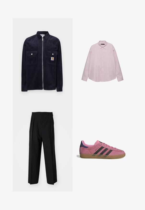 Marinefarbener Cord-Jacke mit einem Vorderreißverschluss, zwei Brusttaschen, silbernen Druckknöpfen und einem kleinen Markenzeichen an der linken Tasche.; Helles rosa Button-down-Hemd mit vertikalen blauen Streifen, Kragen, langen Ärmeln und lockerer Passform. Aus glattem Stoff mit leichtem Glanz gefertigt.; Schwarze, plissierte Hose mit geradem, weitem Bein. Hergestellt aus glattem Stoff, mit Knopfverschluss und Gürtelschlaufen.; Rosa Wildleder-Sneaker mit schwarzen Streifen, Gummisohle und strukturiertem lila Fersenbereich. Verfügt über ein Schnürdesign und geprägte Markenkennzeichnung an der Seite.