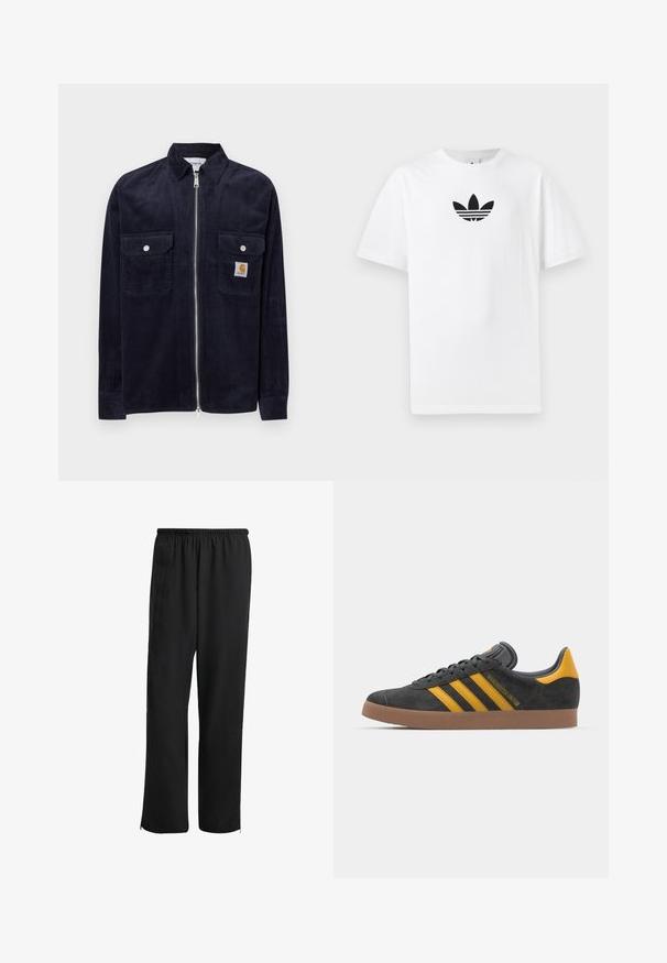 Marinefarbener Cord-Jacke mit einem Vorderreißverschluss, zwei Brusttaschen, silbernen Druckknöpfen und einem kleinen Markenzeichen an der linken Tasche.; Weißes Baumwoll-T-Shirt mit einem schwarzen Adidas-Logo in der Mitte. Kurze Ärmel und Rundhalsausschnitt. Glatte Textur.; Schwarze Sporthose mit elastischem Bund, geradem Bein, seitlichen Taschen und Reißverschlussabschlüssen, aus einem glatten, leichten Stoff gefertigt.; Schwarze Wildledersneaker mit gelben Akzenten, ausgestattet mit drei Streifen und einer braunen Gummisohle. Enthält eine gepolsterte Zunge für zusätzlichen Komfort.