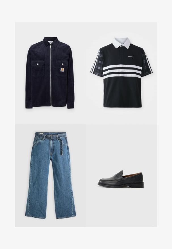 Chaqueta de pana azul marino con cremallera frontal, dos bolsillos en el pecho, botones a presión plateados y una pequeña etiqueta de marca en el bolsillo izquierdo.; Camisa polo negra con rayas blancas y un logotipo; cuenta con mangas cortas de cuadros y un cuello blanco con una hilera de botones.; Pantalones vaqueros de mezclilla azul de pierna ancha con cinturón adjunto, bolsillos frontales y costuras visibles sobre un fondo claro y liso.; Mocasines de cuero negro con un diseño confeccionado, punta redondeada, tacón bajo apilado y estilo fácil de poner. Textura suave con un ligero brillo.