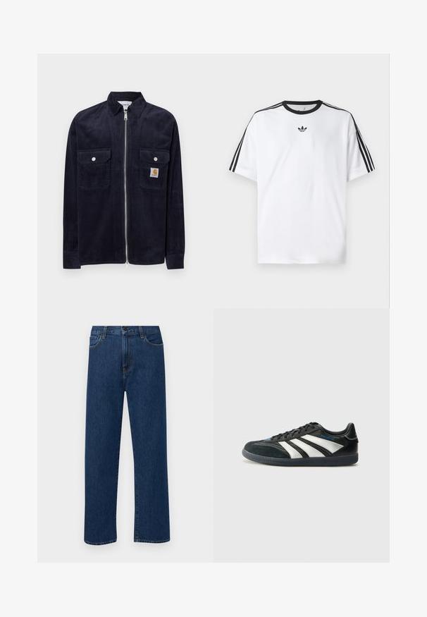 Tengerészkék kordbársony dzseki elülső cipzárral, két mellzsebbel, ezüst gombokkal és egy kis márkajelzéssel a bal zsebben.; Fehér pamut póló, fekete kerek nyakkal, mindkét vállán három fekete csíkkal. Kis fekete logó a mellkason.; Sötétkék, egyenes szárú farmernadrág, elülső zsebekkel és gombos záródással, sima fehér háttéren bemutatva.; adidas Performance PREDATOR FREESTYLE JUDE INDOOR FOOTBALL SHOES - Beltéri futballcipő - core black/silver-coloured/glory blue
