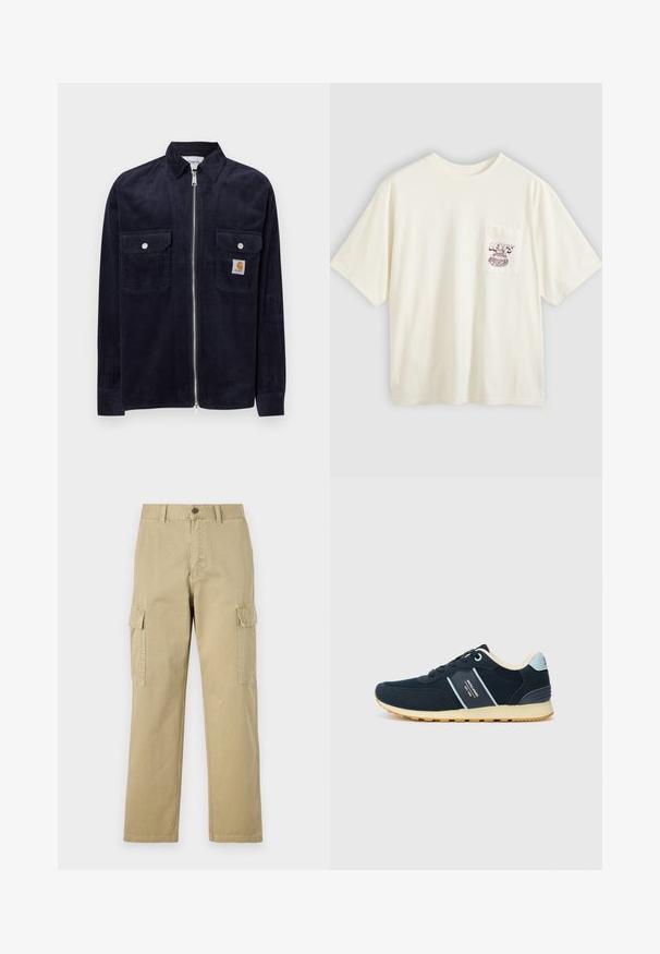 Merinovärinen korduroyjakk med framdragkedja, två bröstfickor, silverknappar och en liten varumärkesetikett på vänster ficka.; Valkokertainen puuvillainen lyhythihainen t-paita, jossa vasen rintatasku ja marjanpunaiset graafiset tekstit ja kuviot. Rento istuvuus ja pyöreä pääntie.; Beige cargo-housut, jotka on valmistettu puuvillasta, ja niissä on kaksi sivutaskua, napp Closure ja suorat lahkeet, joissa on hieman teksturoitu kangas.; Tummansiniset urheilukengät, jotka on valmistettu mokasta ja verkosta, ja joihin kuuluu kerma sävyinen kantapääkoriste ja kuminen ulkopohja. Sivulogo ja nauhakiinnitys.