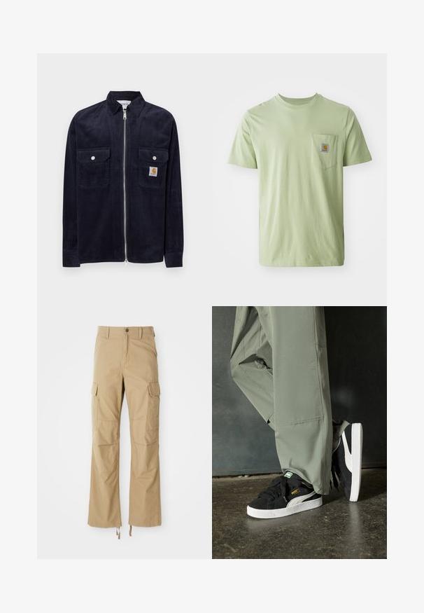 Marineblå kordfløyelsjacka med framzipper, två bröstfickor, silverfärgade tryckknappar och en liten märkeslapp på vänster ficka.; Ljusgrön t-shirt med kort ärm i mjukt tyg, med en bröstficka som har ett fyrkantigt logomärke. Enkel, odekorerad design.; Khaki cargobyxor gjorda av slitstarkt tyg, med flera sidofickor, rak bendesign och justerbara dragsnoddar vid nederkanten.; Svarta mockaskor med vita gummisulor och sidoväggar, kombinerade med ljusgröna cargobyxor, stående på en texturerad mörk yta.