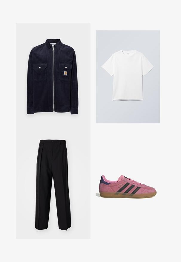 Marineblå cordfløyelsjakke med frontglidelås, to brystlommer, sølvknapper og et lite merke på venstre lomme.; Hvit bomulls t-skjorte med rund hals, korte ermer og avslappet passform. Har et merke som står "WEEKDAY" på halsen.; Sorte plissert bukser med en rett, bred benform. Laget av glatt stoff, med knappelukking og beltehemper.; Rosa semskesko med svarte striper, gummisåle og teksturert lilla hæl. Har en snøringdesign og preget merkevare på siden.