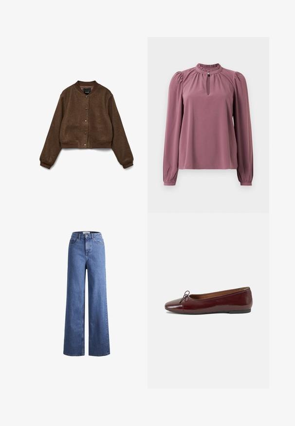 Ruskea lyhyt takki, joka on valmistettu tekstuurista kankaasta. Siinä on pyöreä kaulus, painonappikiinnitys sekä resorihihansuut ja -helma.; Paita pitkillä hihoilla, joka on mauven värinen, kerääntyvällä kauluksella, avaimenreikän muotoisella kaula-aukolle ja napilla kiinnitettävällä sulkimella, sekä hieman puffattuilla harteilla.; Vaaleansiniset farkut leveillä lahkeilla, korkea vyötärö, kaksi etutaskua ja näkyvät ompeleet. Varustettu napilla ja vetoketjulla.; Burgundin värinen lakattu nahkainen ballerinatossu pyöreällä varvaskärjellä, pienen nauhan yksityiskohdalla edessä ja matalalla mustalla kumipohjalla. Sujuva pinta.