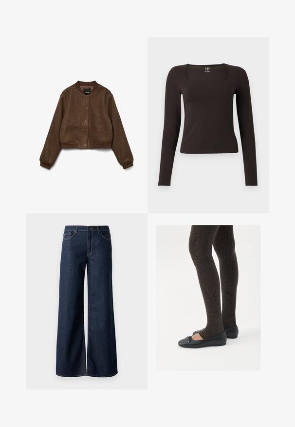 Brown cropped jacket made of textured fabric, featuring a round collar, snap-button closure, and ribbed cuffs and hem.; Black long-sleeve, fitted top with a square neckline, labeled GAP, displayed on a white background.; Wide-leg jeans in dark blue denim. Features contrast stitching, five pockets, and a button closure at the waist. Smooth texture.; Black flat shoes with a small bow detail at the toe, paired with dark brown ribbed tights. Shoes have a smooth texture and low profile.