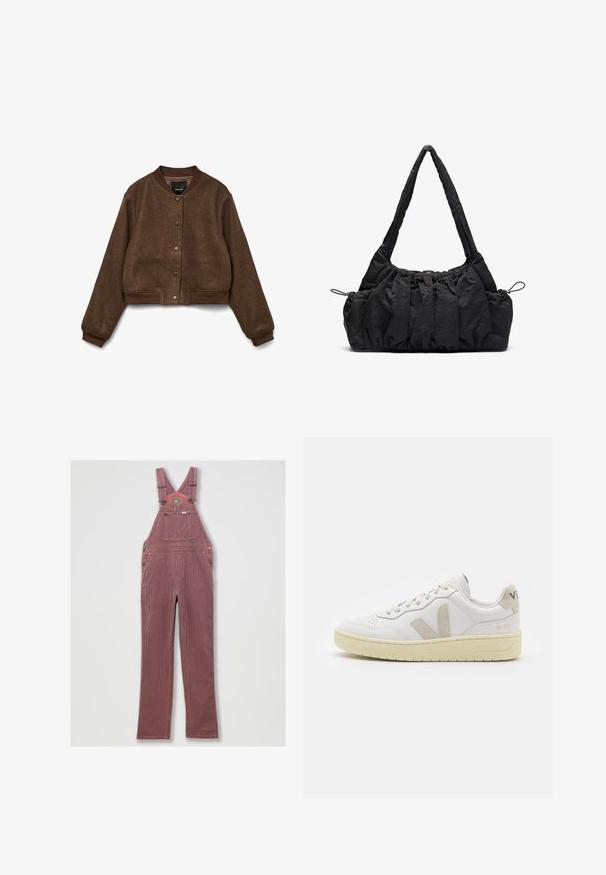 Smeđi skraćeni kaput od teksturiranog materijala, s okruglim ovratnikom, zatvaranjem na dugmad i rebrastim manžetama i rubom.; Kratki top od pamučne pređe u off-white boji. Dugi rukavi s rebrastom teksturom i malim izrezima oko dekoltea.; Traperice s crvenim prugama, s podesivim naramenicama, velikim prednjim džepom i bočnim džepovima. Sadrži metalne dijelove i šivani rub.; Bijele kožne tenisice s bež nubuk naglascima, perforiranim prednjim dijelom, ravnim čipkama i teksturiranom kremastom potplatom. Sadrži suptilni brend na pete.; Crna torba od tkanine s naboranom teksturom, dva remena za nositi na ramenu i kaišem za zatvaranje sa strane. Glatki, lagani materijal.