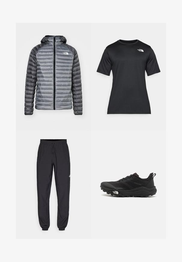 Pildīta jakas gradienta pelēkā krāsā ar rāvējslēdzēju priekšpusē, kapuci un logo detaļu uz krūtīm. Iezīmē kanālu quilted dizainu.; Melnā īsās piedurknes T-kreklā, izgatavotā no viegla, mitrumu uzsūcoša auduma. Tam ir balts logo kreisajā krūtīs un apaļa kakla izgriezums.; Melni sporta bikses, kas izgatavotas no viegla auduma, ar savelcamu jostu, sānu kabatām un sašaurinātiem apakšējiem galiem pie potītēm.; Melnas taku skriešanas kurpes ar teksturētu virsu, gumijas zoli un pastiprinātu pirkstu daļu. Aprīkotas ar mīkstu apkakli un vilkšanas cilpu, lai viegli uzvilktu.