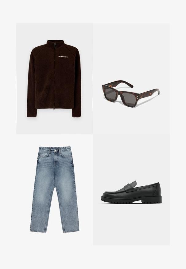 Pruun fliisjakker kõrge kraega, täispikk tõmblukk ja peene logo rinnal. Pehme, tekstuuriga kangas, mis sobib hästi selga.; Musta kõrge kaelusega kampsun, mis on valmistatud pehmest kudumist materjalist. Omab pikki varrukaid, soonikpitsiga kaela- ja alumist äärt. Lihtne ja sujuv disain ilma mustriteta.; Heledad sinine teksad sirge lõikega, nähtavate õmblustega, viie taskuga disain ja nupuga kinnitamine vööl.; Mustad musta nahast loafers, millel on ümar varvas, tikandiga disain, madal platvorm-soon ja tekstureeritud, soonikkummist välistald.; Sinupruunid päikeseprillid tumedate läätsede, ruudukujulise raamiga ja hõbedaste aktsent-nööridega ees. Valmistatud plastikust, kerged ja vastupidavad.