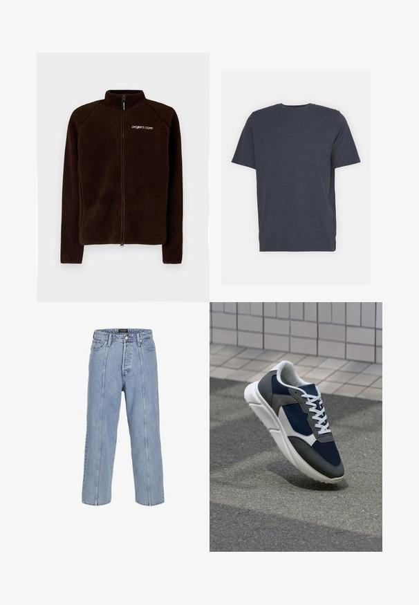 Smeđa flis jakna s visokim ovratnikom, punim prednjim patentnim zatvaračem i suptilnim logotipom na prsima. Mekana, teksturirana tkanina s prianjajućim krojem.; Tamnoplava majica s kratkim rukavima, okruglog izreza, izrađena od mekog pamučnog materijala, s regularnim krojem. Nema vidljivih uzoraka ili akcenata.; Svijetloplave traperice s širokim krojem, širokim nogavicama i vidljivim detaljima šivanja. Imaju zatvaranje na gumb i patentni zatvarač te pet džepova.; Tenisice s gornjim dijelom od mrežastog materijala tamnoplave boje, siva antilopova naglašavanja, bijela gumena potplat i ravne bijele vezice, dizajnirane za udobnost i prozračnost.