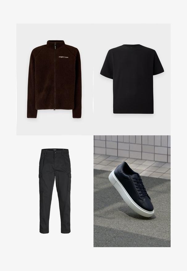 Rjava flis jakna z visokim ovratnikom, celotnim sprednjim zadrgo in diskretno logotipom na prsih. Mehka, teksturirana tkanina z udobnim prileganjem.; Črna kratka majica s kratkimi rokavi, izdelana iz teksturirane tkanine, z okroglim izrezom in sproščenim krojem. Preprosta, brez vzorcev ali dodatkov.; Črne cargo hlače iz trdnega blaga, ki imajo več žepov, gumbasto zapiranje in ozek kroj z zožanimi nogami.; Črne usnjene superge z zaobljenim prstom in belim gumijastim podplat. Imajo ravne vezalke in minimalno šivanje na zgornjem delu. Teksturirani podplat za oprijem.