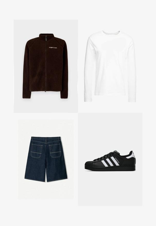 Brown fleece jacket with high collar, full front zipper, and subtle logo on the chest. Soft, textured fabric with a snug fit.; Long-sleeve white t-shirt made of soft cotton. Crew neckline with straight cut hems and no visible patterns or graphics.; Dark blue denim shorts with a loose fit, featuring two back pockets with contrasting stitching. Straight cut and knee-length design.; Black Adidas Superstar sneaker with white stripes, shell toe, and "Superstar" text on side, shown in side profile on white background.