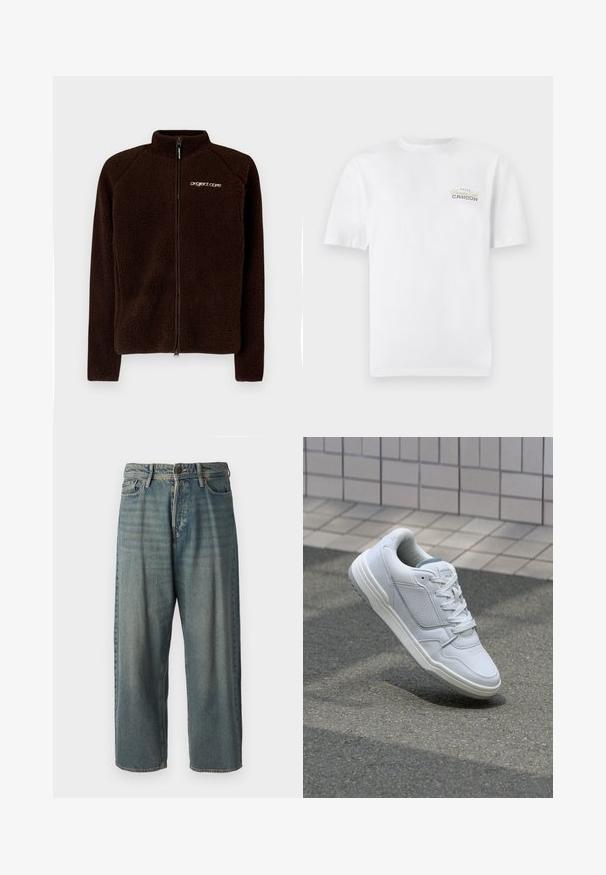 Brun hettejakke med høy krage, full glidelås foran og subtilt logo på brystet. Myk, strukturert stoff med en tettsittende passform.; Hvit bomulls T-skjorte med korte ermer, rund hals og en liten trykt logo i svart og gull som sier "Cancun."; Lyseblå denimjeans med løs passform, midjehøyde og rette ben. Har fem lommer, beltehemper og knappelukking.; Hvite lær sneakers med perforerte sider, teksturerte detaljer, flate lisser og en kontrasterende grå hæl. Har en lite hevet såle.