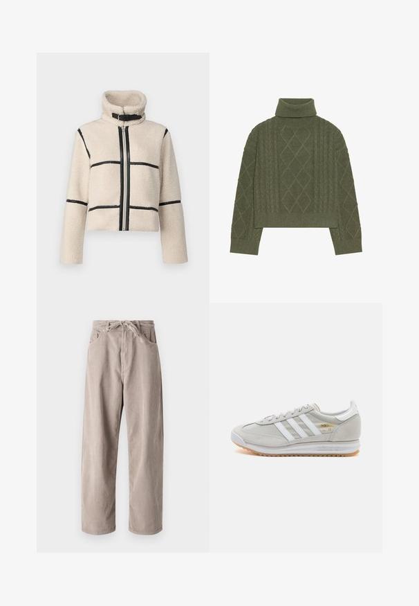 JDY JDYFROSTY SHORT JACKET - Zimska jakna - birch; Olivnozeleni pulover s turtleneck iz kabelskega pletenja, z diamanti in rebrastim robom ter manšetami.; Beige kordurojske hlače s sproščenim krojem, ki imajo vrvico za prilagajanje pasu, dva sprednja žepa in vertikalno rebrasto teksturo.; Svetlo sivi tenisice od antilopa i mrežaste tkanine, s tri bijele pruge, okruglim vrhom i gumenim potplatom. Zlatni logo akcent blizu vezica.