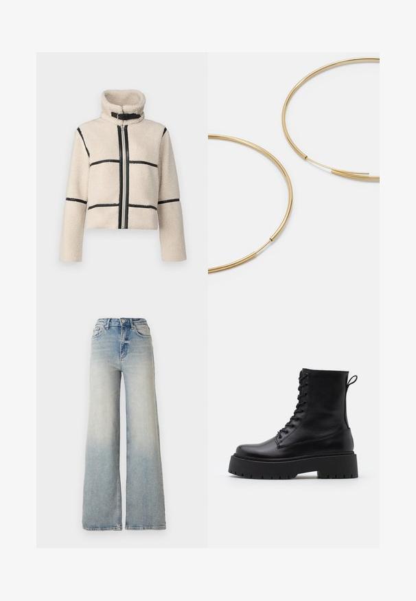 JDY JDYFROSTY SHORT JACKET - Vinterjakker - birch; Vero Moda VMNEWCREAM FUNNELNECK PULLOVER - Striktrøje - black/birch; Lyseblå vid jeans lavet af denim, med høj talje, fem lommer og synlige sømme langs sømmene.; Sorte læder ankelstøvler med rund tå, snørebånd foran og en tyk gummisål med struktureret slidbane. Hæfteløkke bagpå.; Guldfarvede hoops øreringe, tynde og runde i formen, med en glat metallisk finish uden udsmykninger eller mønstre.