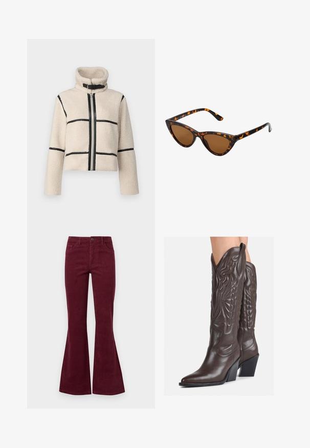 JDY JDYFROSTY SHORT JACKET - Zimska jakna - birch; JDY LORRAINE - Vesta - cement; Bordo kord ženske traperice s pet džepova, prednjim dugmadi i teksturiranim materijalom. Odozdo od koljena do rubova su proširene.; Smeđe kožne kauboj čizme s šiljastim vrhom i blok-potpeticom, s detaljno izvezenim šavovima i uzdignutim naglascima na okovu.; Sunglasses u obliku mačjih očiju s okvirom u crno-narančastom kornjačevom uzorku, smešnim lećama i elegatnim, šiljastim vrhovima. Sadrži minimalni logo na dršci.