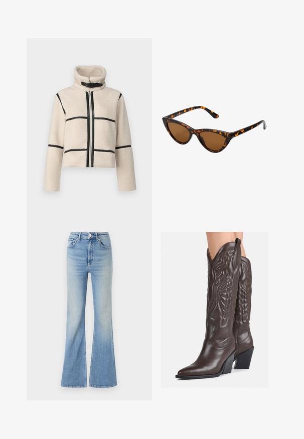 JDY JDYFROSTY SHORT JACKET - Chaqueta de invierno - birch; Top negro de manga larga hecho de encaje texturizado, con un escote con punta y un diseño ajustado con un corte cropped.; Jeans acampanados de color azul claro, hechos de mezclilla, con una cintura alta, diseño de cinco bolsillos y un ligero degradado que va hacia el dobladillo.; Botas de vaquero de cuero marrón con punta afilada y tacón cuadrado, que presentan costuras detalladas y acentos elevados en el caño.; Gafas de sol estilo ojo de gato con montura de carey negra y naranja, lentes marrones y puntas elegantes y afiladas. Presenta un logo minimalista en la patilla.