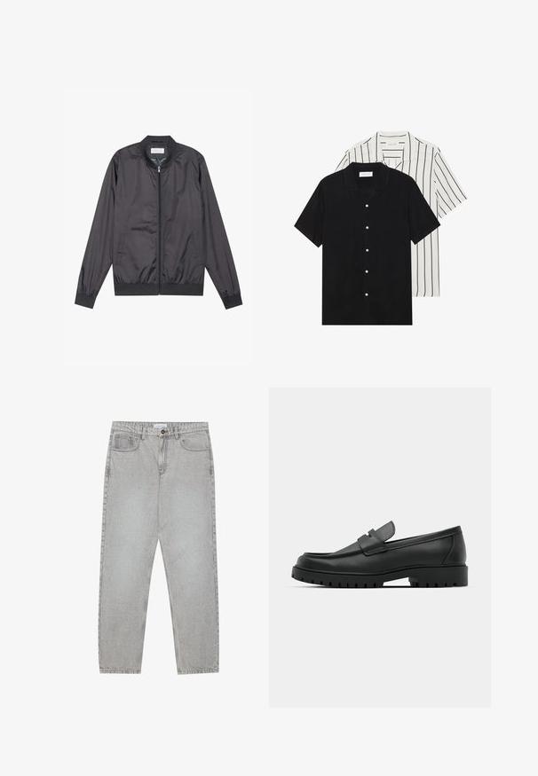Zwarte bomberjack gemaakt van lichtgewicht, glad materiaal met een ritsluiting, ribbelkraag, manchetten en onderrand; beschikt over zijzakken.; Twee shirts met korte mouwen: één effen zwart, één wit met zwarte verticale strepen. Beide hebben knoopsluitingen en een klassieke kraag.; Lichtgrijze denimbroek met een recht model, vijfzakkenstijl en een knoopsluiting. Zichtbare stiksels langs de naden.; Zwarte leren instappers met een ronde neus, voorzien van een gestikt ontwerp, een lage platformzool en een gestructureerde, grof rubberen buitenzool.