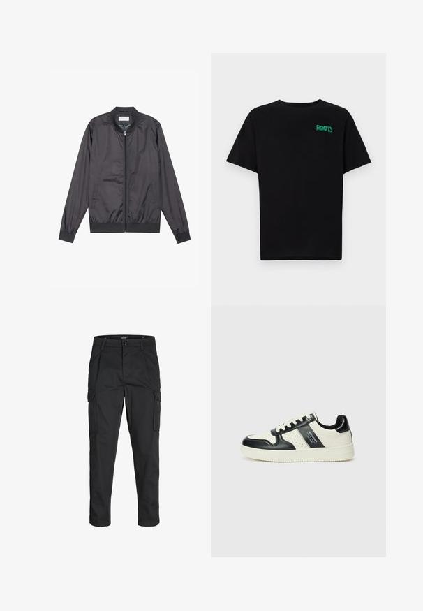 Zwarte bomberjack gemaakt van lichtgewicht, glad materiaal met een ritsluiting, ribbelkraag, manchetten en onderrand; beschikt over zijzakken.; Zwarte T-shirt van katoen met korte mouwen. Heeft een groen "ROOTS" logo op de voorkant, een ronde halslijn en een standaard pasvorm.; Zwarte cargobroek van stevig stof, met meerdere zakken, een knoopsluiting en een slim fit ontwerp met taps toelopende benen.; Leren sneakers met een zwart en crèmekleurig kleurenschema, voorzien van geperforeerde accenten, een gevoerde kraag en een gestructureerde buitenzool.