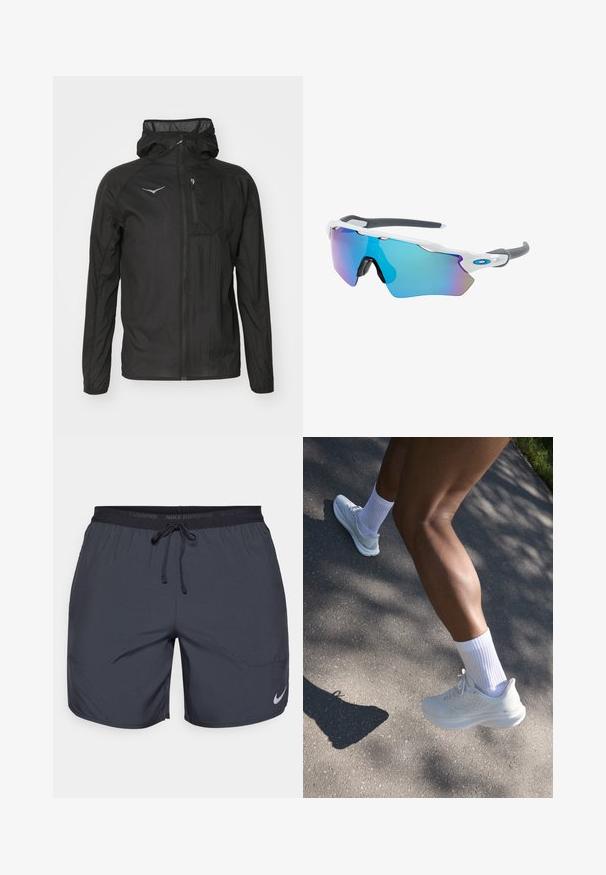 Veste légère noire en tissu texturé, avec une fermeture éclair sur le devant, une capuche et une petite poche poitrine avec un accent de logo.; Haut de course Nike sans manches de couleur blanche avec un col rond, texture lisse et logo Nike noir sur le haut à gauche de la poitrine.; Shorts de course Nike en gris foncé, avec une taille élastique dotée d'un cordon de serrage et un accent de logo argenté sur la jambe inférieure droite.; Baskets blanches avec une tige texturée, des lacets et une semelle rembourrée, accompagnées de chaussettes blanches mi-mollet, sur fond de pavé gris.; Lunettes de soleil avec une monture blanche, des accents gris et des verres miroitants bleus. Design sportif, forme enveloppante et plaquettes de nez réglables.