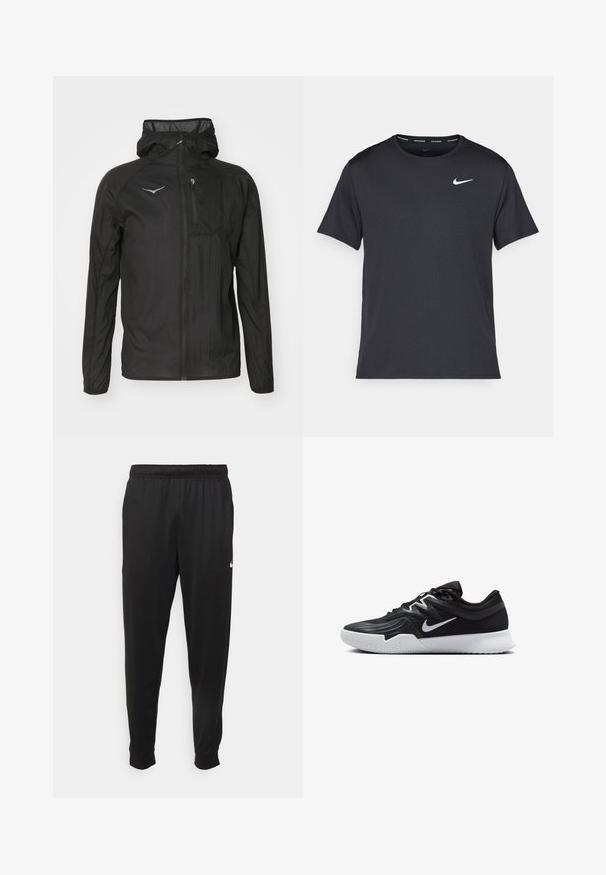 Jaqueta leve preta feita de tecido texturizado, com fecho de correr na frente, capuz e um pequeno bolso no peito com um detalhe de logotipo.; T-shirt de corrida Nike preto, feito de material leve e respirável, com mangas curtas e um pequeno logo branco no peito.; Calças de desporto pretas feitas de tecido suave, com uma cintura elástica, pernas ajustadas e um pequeno logo branco no lado esquerdo.; Sapatilha atlética preta com um cabedal texturizado, swoosh branco da Nike e uma sola de borracha branca. Apresenta um design com atacadores e uma forma dinâmica.