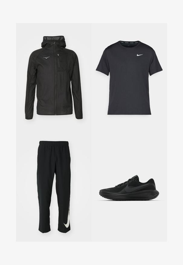 Schwarze leichte Jacke aus strukturiertem Stoff, mit einem Reißverschluss vorne, einer Kapuze und einer kleinen Brusttasche mit einem Logo-Akzent.; Schwarzes Nike Lauft-Shirt aus leichtem, atmungsaktivem Material, mit kurzen Ärmeln und einem kleinen weißen Logo auf der Brust.; Schwarze Sporthose mit elastischem Bund und taillierter Passform, auf der linken Beinschulter befindet sich ein großes weißes Nike-Logo. Weicher, leichter Stoff.; Schwarze sportliche Sneakers mit einem strukturierten Netzoberteil, Schnürdesign, dicke Sohle und prominentem schwarzen Nike Swoosh-Logo an der Seite.