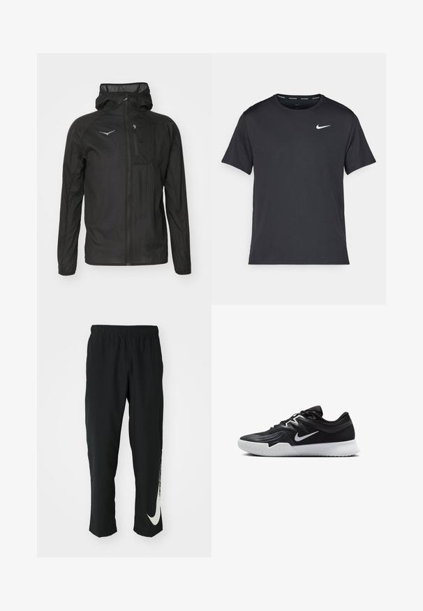 Svart lett jakke laget av teksturert stoff, med glidelås foran, hette og en liten brystlomme med logo.; Svart Nike løpe-T-skjorte laget av lett, pustende stoff, med korte ermer og en liten hvit logo på brystet.; Svarte treningbukser med elastisk midje, smalere design, med en stor hvit Nike-logo på venstre bein. Myk, lett stoff.; Svart treningssko med teksturert overdel, hvit Nike-swoosh og hvit gummisåle. Har snøring og en dynamisk form.