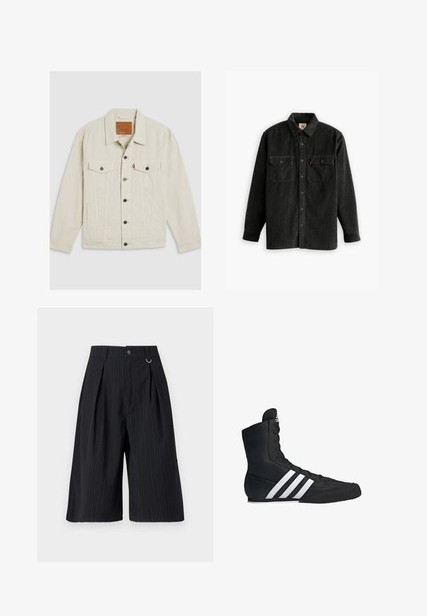 Light beige denim jacket with a collar, button front, two chest pockets, and contrasting dark buttons. Features vertical stitching details.; Black corduroy shirt with a button-up front, collar, and two chest pockets. Features textured fabric and a straight cut design.; Black pinstripe shorts with pleats, a button closure, and a metal ring accent. Smooth fabric with a tailored fit and knee-length design.; Black high-top athletic shoe with a textured fabric upper, featuring three white stripes and a laced front design. Flat rubber sole at the base.