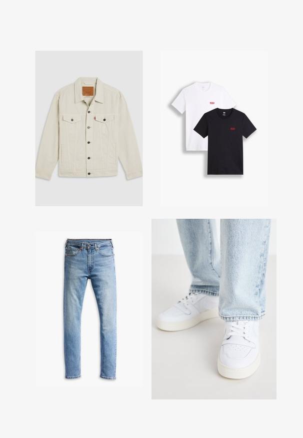 Jaqueta de ganga bege claro com colarinho, fecho de botão à frente, dois bolsos no peito e botões escuros em contraste. Apresenta detalhes de costura vertical.; Duas t-shirts de mangas curtas: uma branca e uma preta. Ambas feitas de algodão com um logótipo vermelho da Levi's no peito. Design simples de gola redonda.; Jeans de denim azul claro com um corte straight, cinco bolsos, fecho de botão e um desbotamento sutil por toda a peça.; Sneakers brancos de couro de cano baixo com biqueira perfurada, atacadores planos e design minimalista. Combinados com jeans de ganga de cor azul clara.