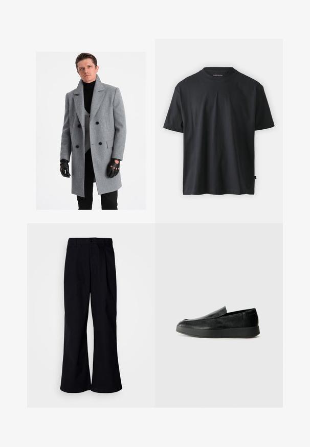 Ombre Abrigo corto - grey; Camiseta de algodón negra con mangas cortas, cuello redondo y texto en relieve "GUESS JEANS" en el frente. Textura suave, corte relajado.; Pantalones de pierna ancha negros de algodón con un pliegue frontal, que presentan un cierre de botón y pasadores para cinturón, con una textura suave y sin patrones visibles.; Calvin Klein HYBRID CUP - Zapatos sin cordones - triple black