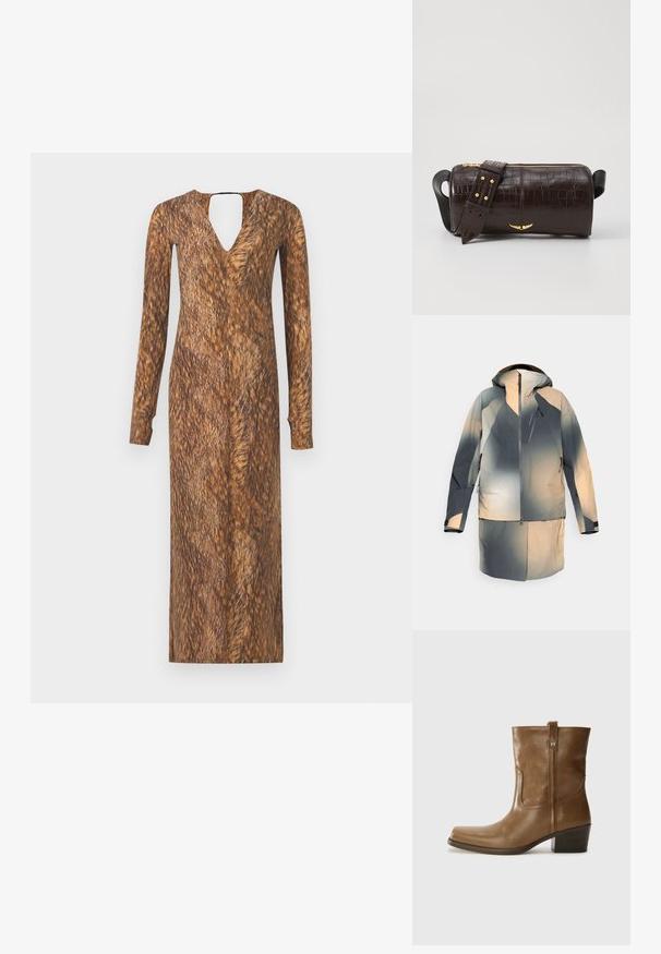 Giacca impermeabile in tonalità di grigio e beige, dotata di cappuccio, chiusura frontale con zip e tasche, e un design a gradiente di colore.; Abito a maniche lunghe con scollatura a V e retro con apertura a chiave, caratterizzato da una texture marrone simile alla pelliccia e da un motivo su tutto il tessuto.; Stivale alla caviglia in pelle marrone con punta quadrata, finitura testurizzata e tacco basso incassato. Dotato di un pratico tassello posteriore e dettagli di cucitura sottili.; Borsa in pelle stampata a coccodrillo marrone con forma cilindrica, accessori in tonalità oro e una tracolla staccabile con borchie.