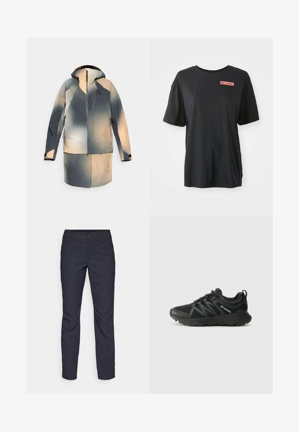 Waterdichte jas in tinten grijs en beige, met een capuchon, een rits aan de voorkant en zakken, en een kleurverloopontwerp.; Zwarte katoenen T-shirt met korte mouwen, relaxte pasvorm en een rood rechthoekig logo op de linkerborst. Mooie textuur en eenvoudig ontwerp.; Navyblauwe broek van gladde stof, met een sluiting aan de voorkant met een knoop, slim-fit ontwerp en geplooide details bij de knieën.; Columbia PEAKFREAK - Outdoorschoenen - black