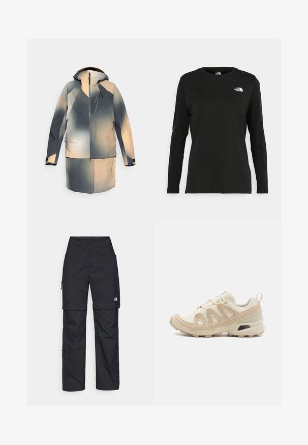 Waterproof jacket in shades of gray and beige, featuring a hood, zippered front and pockets, and a color gradient design.; Black long-sleeve t-shirt made of cotton with a round neck. Features a small white logo on the left chest area. Simple design and fit.; Black nylon zip-off cargo trousers with adjustable cuffs, multiple pockets, and a logo on the right leg. Smooth, lightweight texture.; Beige and cream athletic shoe with textured mesh upper, supportive overlays, and rubber outsole featuring a tread pattern for traction.