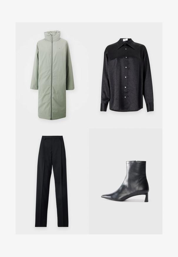 Holzweiler REN JACKET - Down coat - light army; Black long-sleeve shirt with a collared neckline, featuring a crinkled texture, full button front, and cuffs. Made from a smooth fabric.; Black trousers made from smooth fabric featuring a high waist, wide legs, front pleats, and classic belt loops. No side pockets visible.; Black leather ankle boot with a pointed toe and a sleek design. Features a low heel and a zipper closure at the back. Smooth texture.